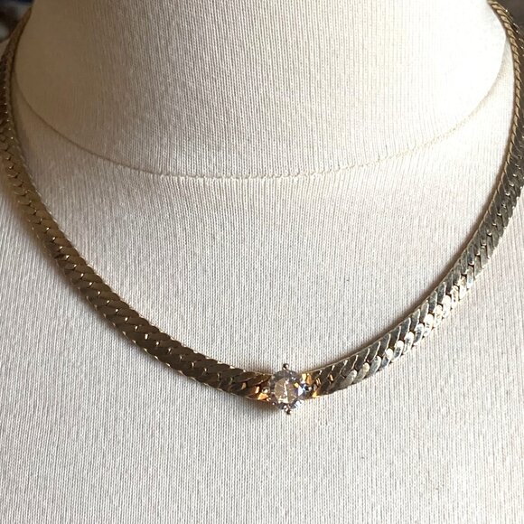 Vintage Gold Tone Solitaire Rhinesotne Necklace Herringbone Chain 17in Korea - Picture 13 of 13